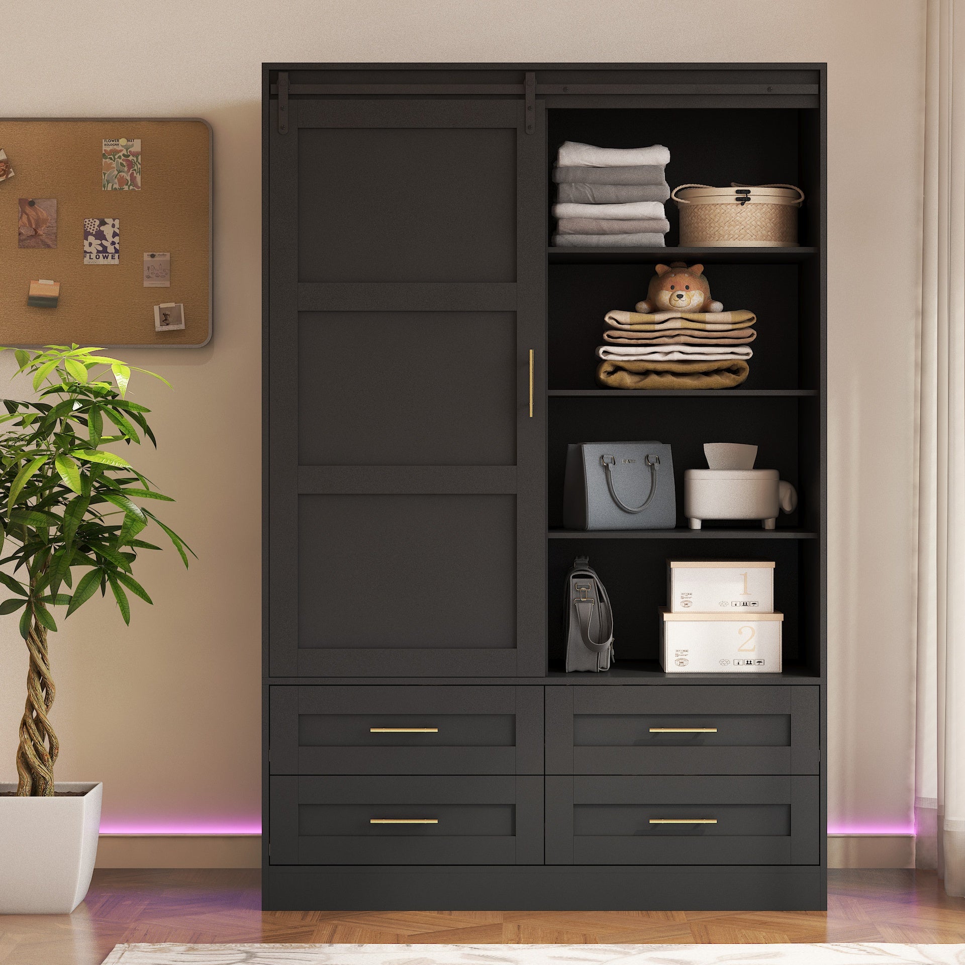 Tall Bedroom Armoire Wardrobe Closet Clothing Storage Cabinet with Hanging Rod Barn Door Drawers Open Shelves