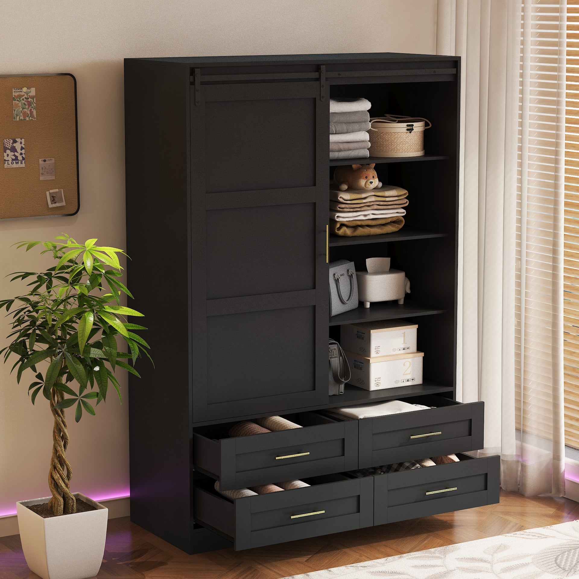 Tall Bedroom Armoire Wardrobe Closet Clothing Storage Cabinet with Hanging Rod Barn Door Drawers Open Shelves