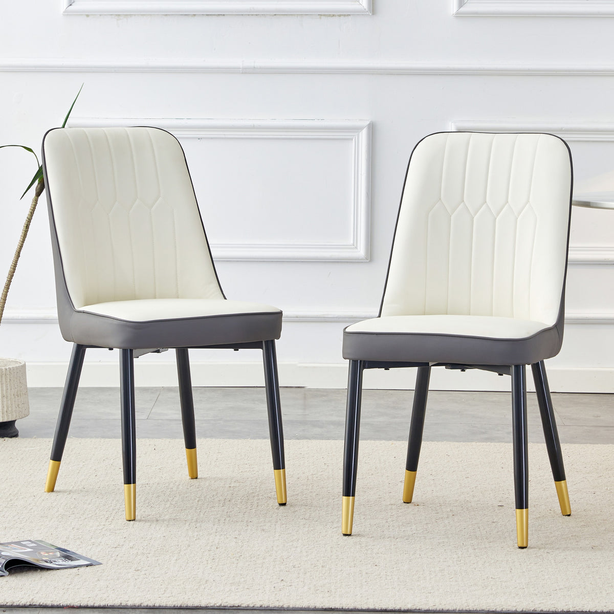 A modern dining chair with a white dark gray dual tone PU leather backrest and black metal legs, suitable for kitchens, bedrooms, and offices. A set of 2 pieces (white+dark gray+PU)C-007 W1151118960