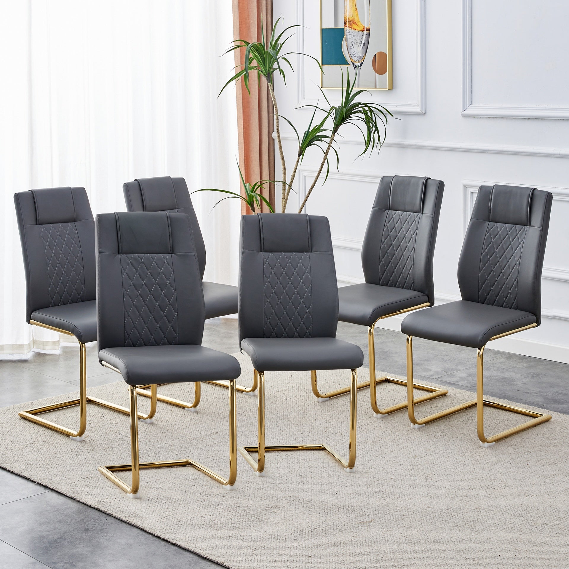Comes with faux leather cushioned seats, living room chairs with metal legs, suitable for kitchen, living room, bedroom, and dining room side chairs, set of 6 (gray+PU leather) C-001