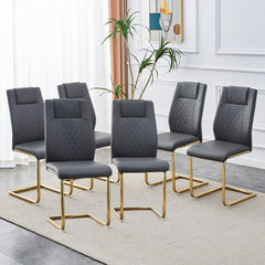Comes with faux leather cushioned seats, living room chairs with metal legs, suitable for kitchen, living room, bedroom, and dining room side chairs, set of 6 (gray+PU leather) C-001