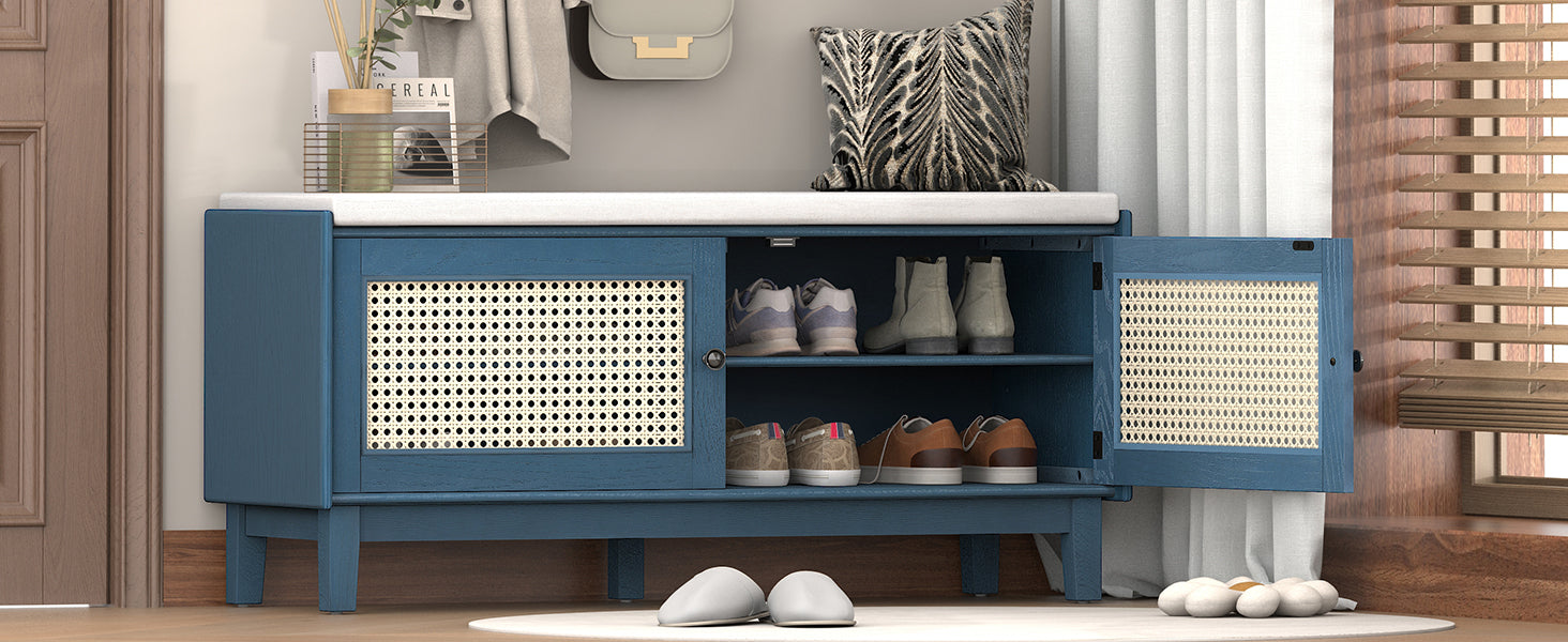 TREXM Boho Rattan Entryway Bench with Storage, Cushioned Shoe Bench with Double Doors, Wooden Shoe Organizer Bench for Entryway and Hallway (Antique Navy+Beige )