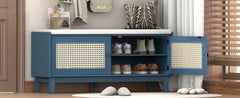 TREXM Boho Rattan Entryway Bench with Storage, Cushioned Shoe Bench with Double Doors, Wooden Shoe Organizer Bench for Entryway and Hallway (Antique Navy+Beige )