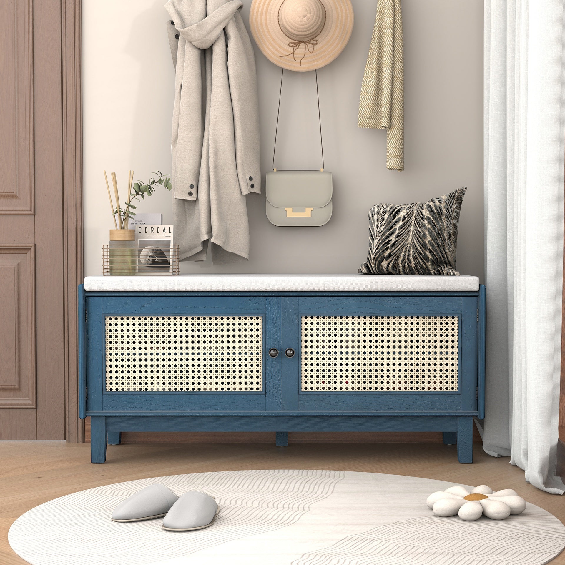 TREXM Boho Rattan Entryway Bench with Storage, Cushioned Shoe Bench with Double Doors, Wooden Shoe Organizer Bench for Entryway and Hallway (Antique Navy+Beige )