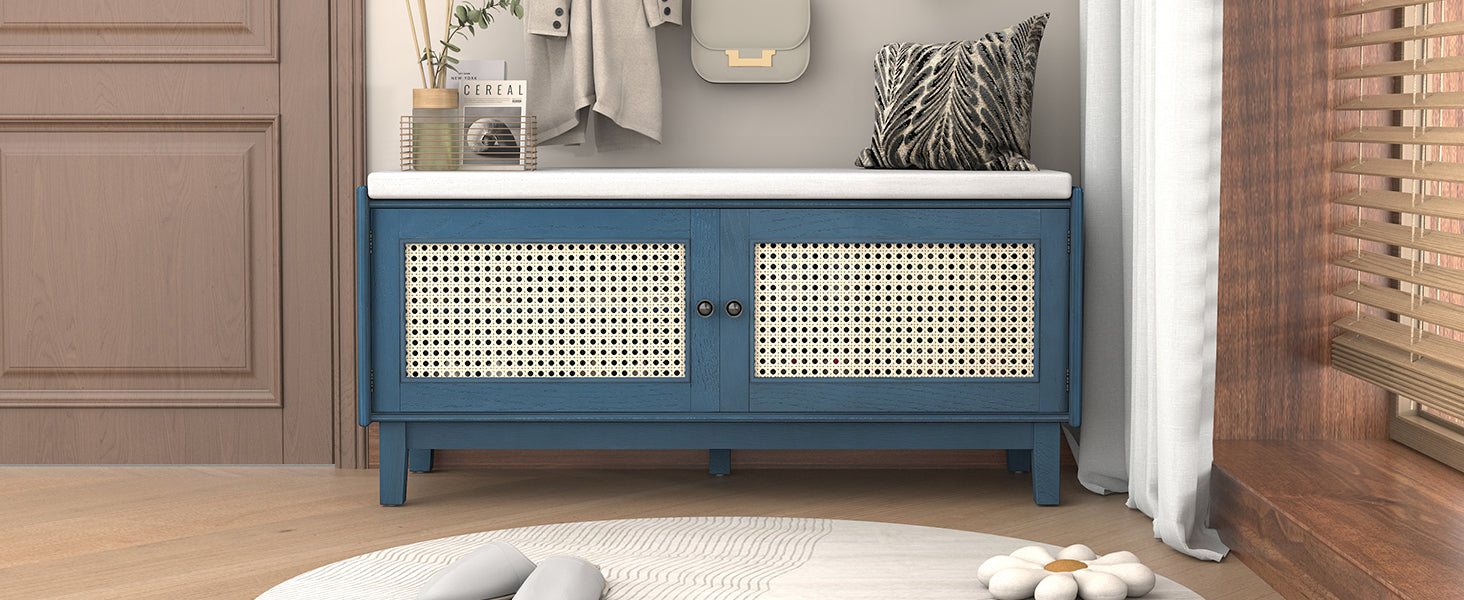 TREXM Boho Rattan Entryway Bench with Storage, Cushioned Shoe Bench with Double Doors, Wooden Shoe Organizer Bench for Entryway and Hallway (Antique Navy+Beige )