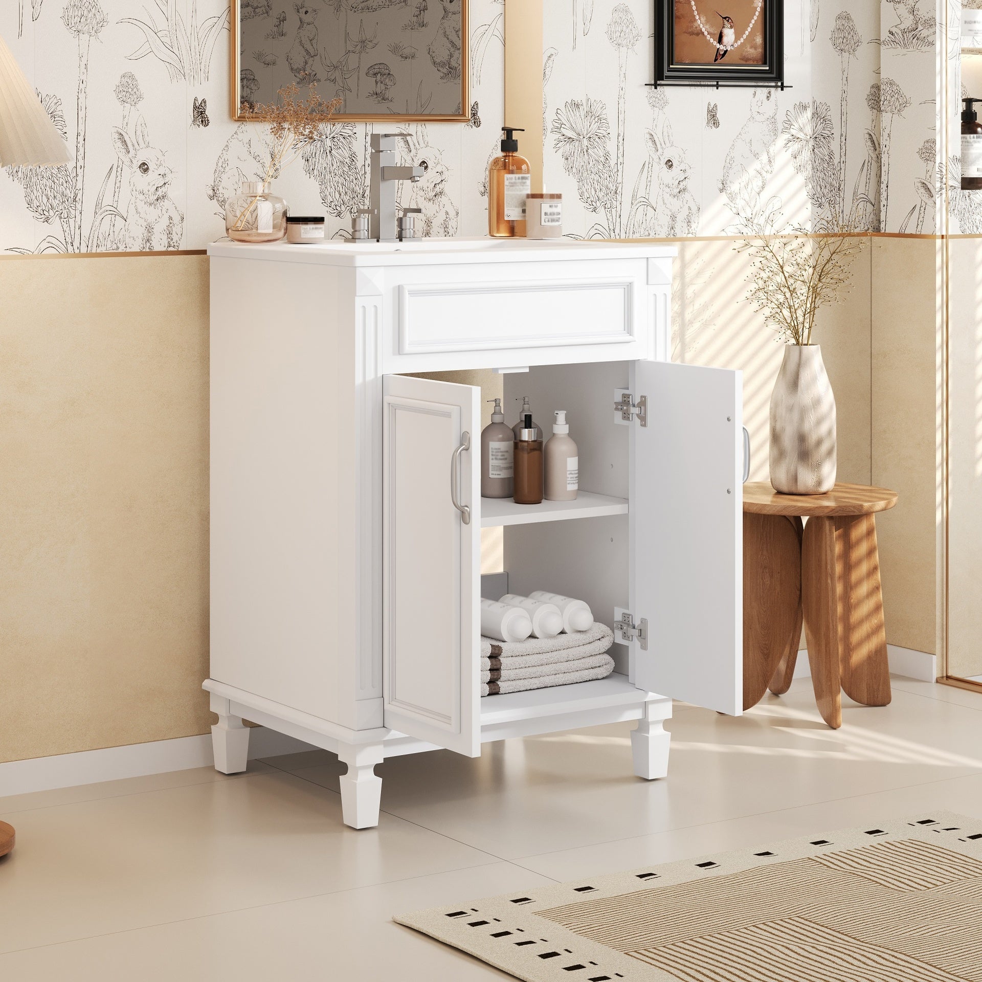 24'' Bathroom Vanity with Top Sink, Modern Bathroom Storage Cabinet with 2 Soft-Closing Doors and Adjustable Shelf, Solid Wood Frame