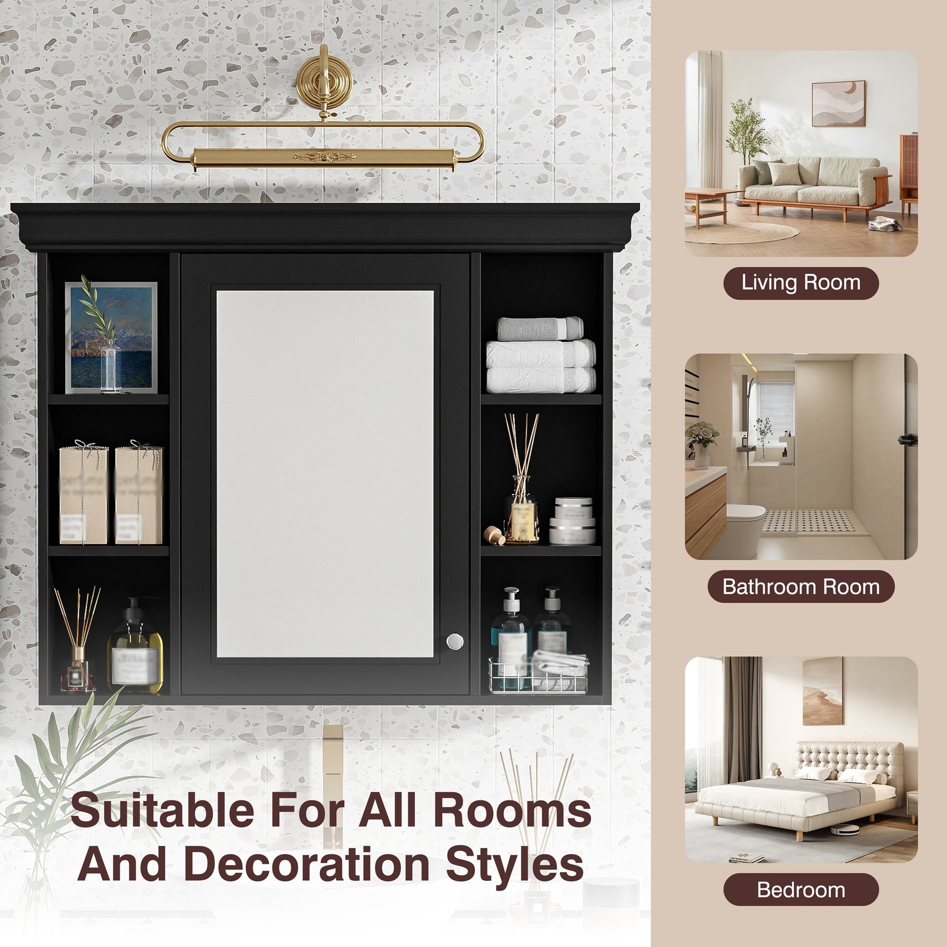 35'' x 28'' Black Wall Mounted Bathroom Storage Cabinet with Mirror Door, Modern Bathroom Wall Cabinet with Mirror, Medicine Cabinet with 6 Open Shelves