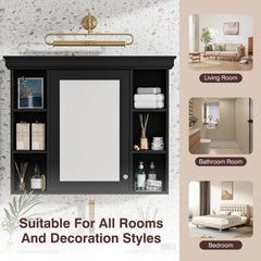 35'' x 28'' Black Wall Mounted Bathroom Storage Cabinet with Mirror Door, Modern Bathroom Wall Cabinet with Mirror, Medicine Cabinet with 6 Open Shelves