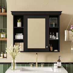 35'' x 28'' Black Wall Mounted Bathroom Storage Cabinet with Mirror Door, Modern Bathroom Wall Cabinet with Mirror, Medicine Cabinet with 6 Open Shelves