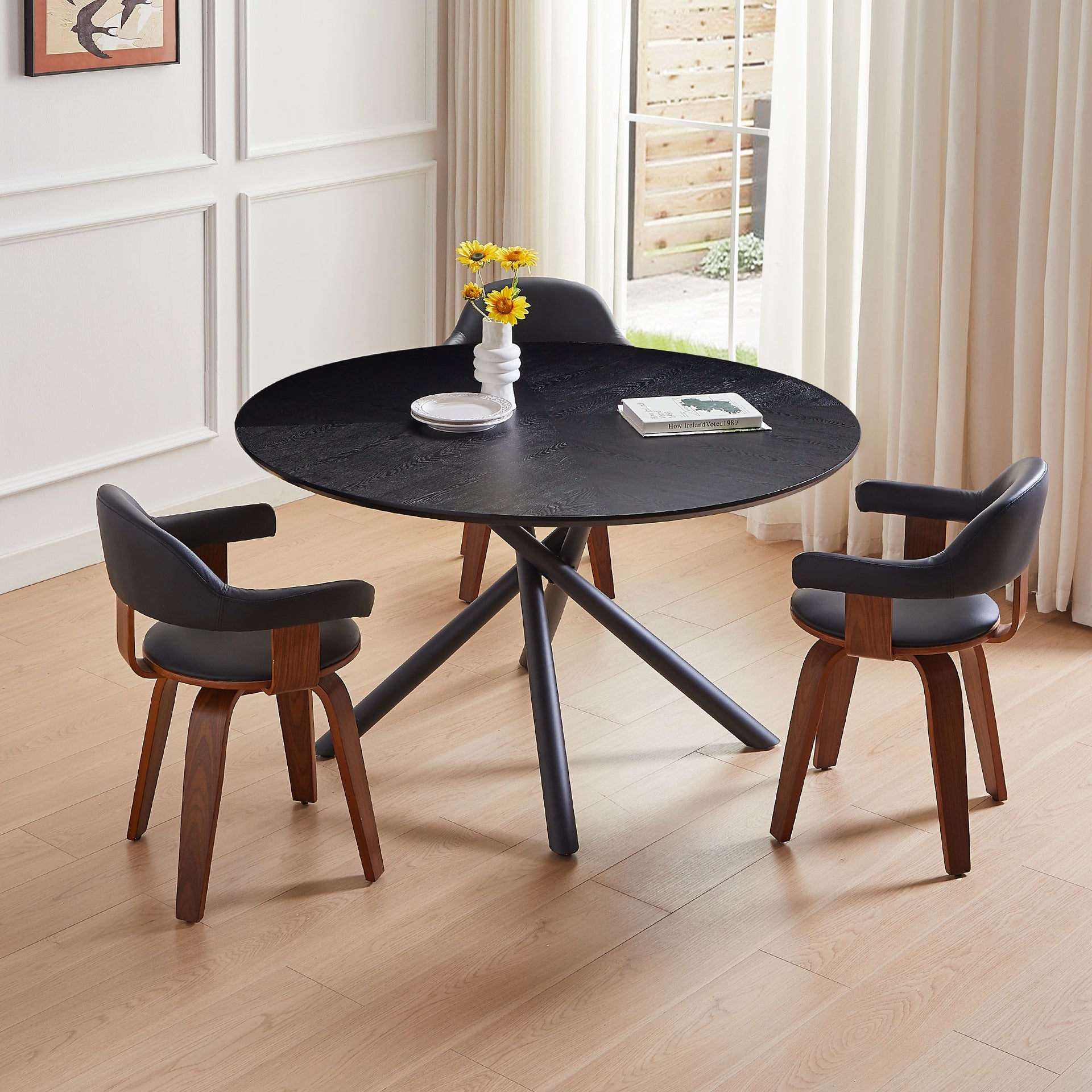 53.14'' Round MDF Coffee Table End Table Short Leisure Tea Table Cross Legs Metal Base, Easy to Assemble,BLACK
