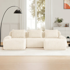 114" Modern U-Shaped Modular Sectional Sofa for Living Room,Flannelette Fabric,Oversized 3-Seater Couch,Deep Seat,Boneless sofa ,Movable Ottoman,Buckle connection,Anti-slip Design,No Assembly,Cream
