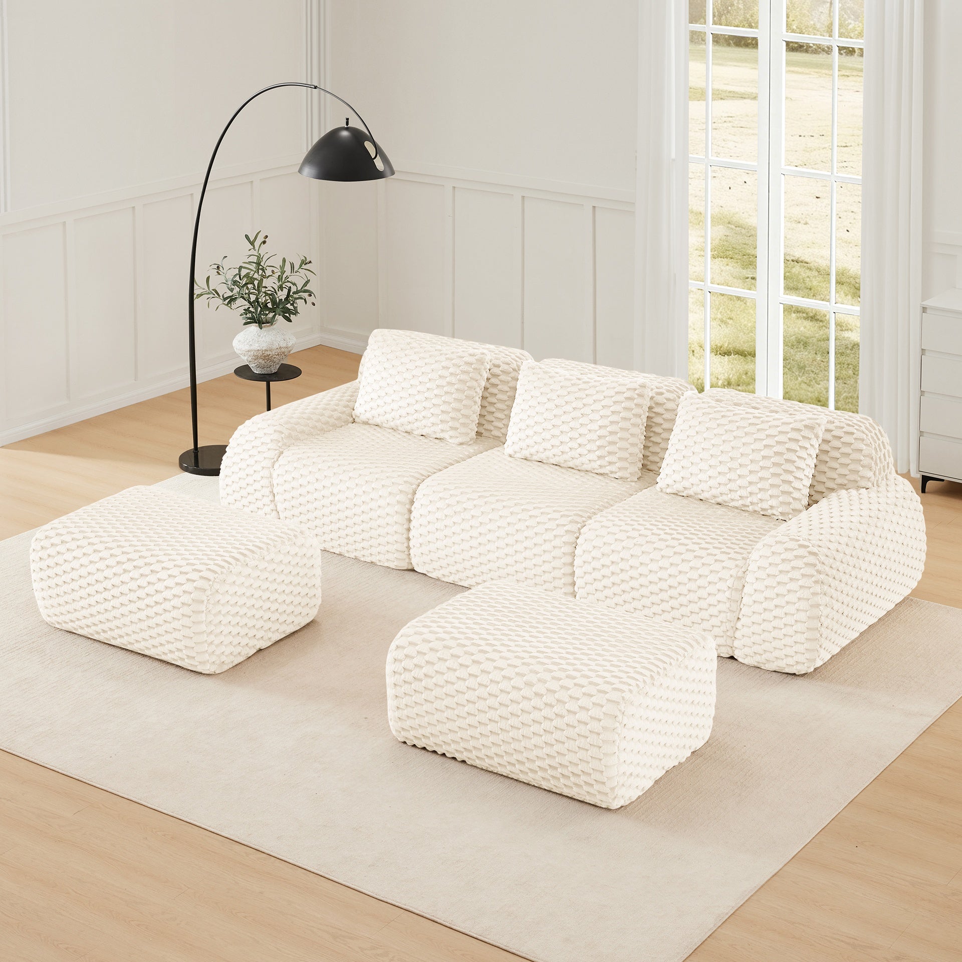 114" Modern U-Shaped Modular Sectional Sofa for Living Room,Flannelette Fabric,Oversized 3-Seater Couch,Deep Seat,Boneless sofa ,Movable Ottoman,Buckle connection,Anti-slip Design,No Assembly,Cream