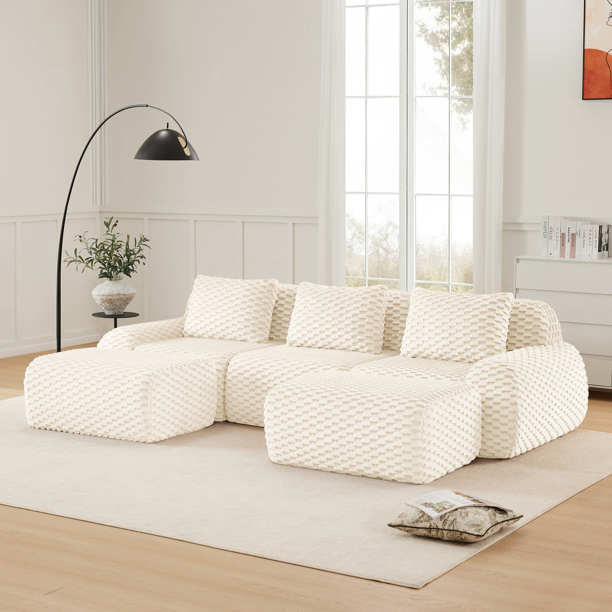114" Modern U-Shaped Modular Sectional Sofa for Living Room,Flannelette Fabric,Oversized 3-Seater Couch,Deep Seat,Boneless sofa ,Movable Ottoman,Buckle connection,Anti-slip Design,No Assembly,Cream