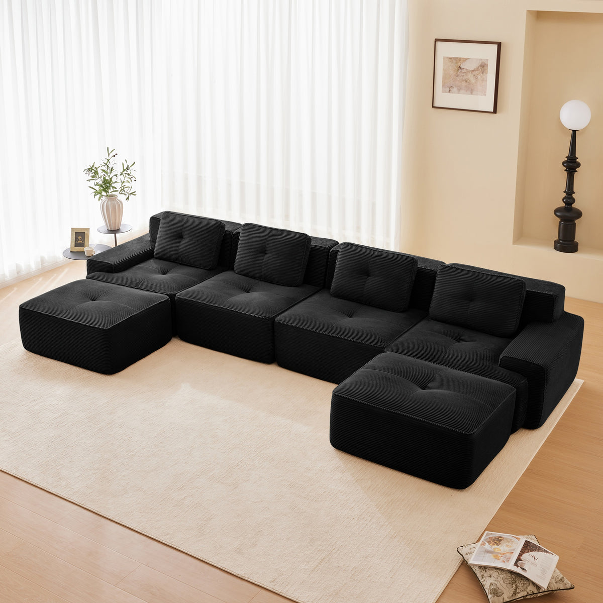 153" Modern U-Shaped Modular Sectional Sofa for Living Room, Corduroy Fabric,4-Seater Couch with Deep Seat and 2-Movable Ottoman,Pearl-like piping, Tufted Design, No Assembly, Anti-slip Design,Black