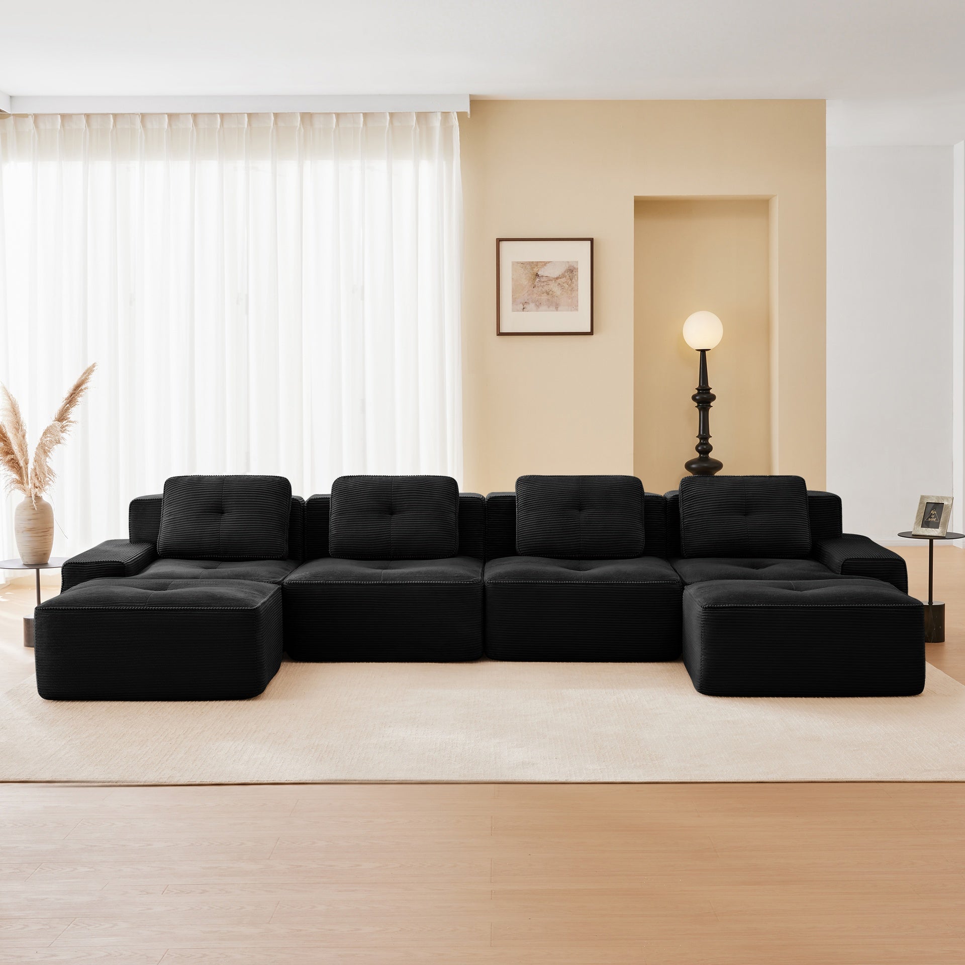 153" Modern U-Shaped Modular Sectional Sofa for Living Room, Corduroy Fabric,4-Seater Couch with Deep Seat and 2-Movable Ottoman,Pearl-like piping, Tufted Design, No Assembly, Anti-slip Design,Black