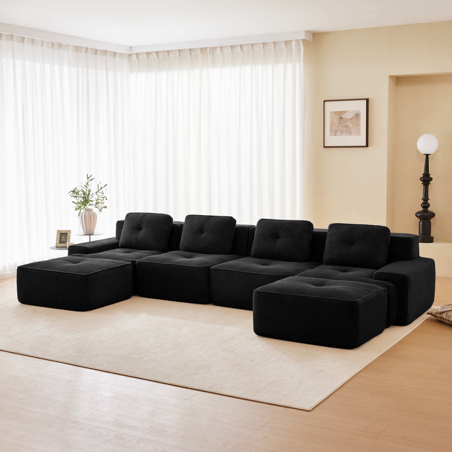 153" Modern U-Shaped Modular Sectional Sofa for Living Room, Corduroy Fabric,4-Seater Couch with Deep Seat and 2-Movable Ottoman,Pearl-like piping, Tufted Design, No Assembly, Anti-slip Design,Black