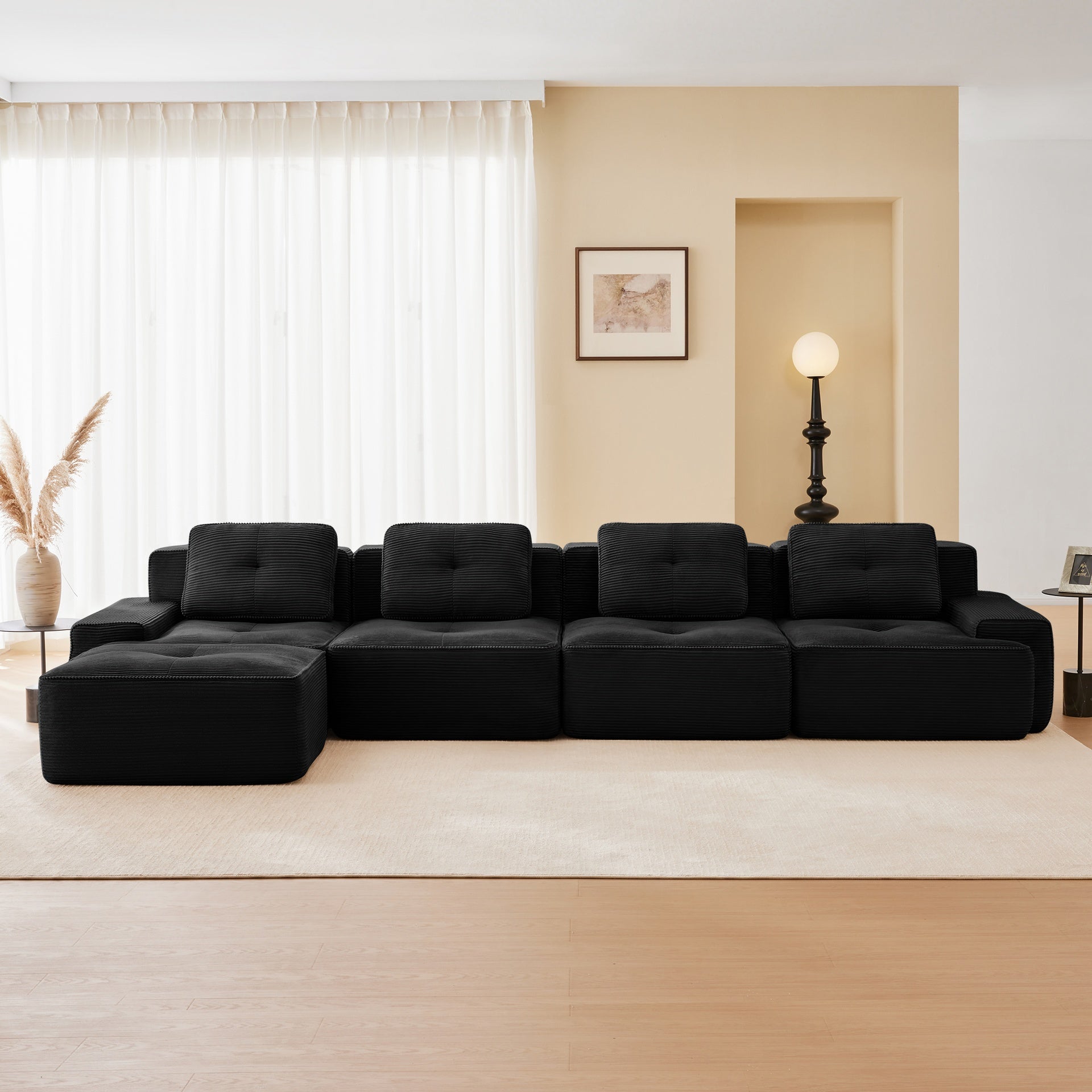 153" Modern L-Shaped Modular Sectional Sofa for Living Room, Corduroy Fabric, 4-Seater Couch with Deep Seat and Movable Ottoman, Pearl-like piping, Tufted Design, No Assembly, Anti-slip Design,Black