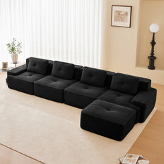 153" Modern L-Shaped Modular Sectional Sofa for Living Room, Corduroy Fabric, 4-Seater Couch with Deep Seat and Movable Ottoman, Pearl-like piping, Tufted Design, No Assembly, Anti-slip Design,Black