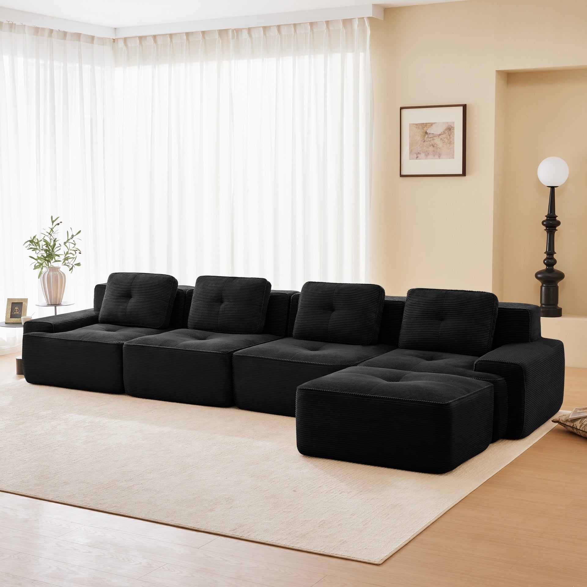 153" Modern L-Shaped Modular Sectional Sofa for Living Room, Corduroy Fabric, 4-Seater Couch with Deep Seat and Movable Ottoman, Pearl-like piping, Tufted Design, No Assembly, Anti-slip Design,Black