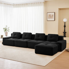 153" Modern L-Shaped Modular Sectional Sofa for Living Room, Corduroy Fabric, 4-Seater Couch with Deep Seat and Movable Ottoman, Pearl-like piping, Tufted Design, No Assembly, Anti-slip Design,Black