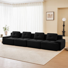 153" Modern Modular Sectional Sofa for Living Room, Corduroy Fabric,4-Seater Couch with Deep Seat, Pearl-like piping, Tufted Design, Buckle connection, No Assembly, Anti-slip Design, Black