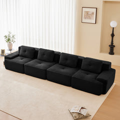 153" Modern Modular Sectional Sofa for Living Room, Corduroy Fabric,4-Seater Couch with Deep Seat, Pearl-like piping, Tufted Design, Buckle connection, No Assembly, Anti-slip Design, Black