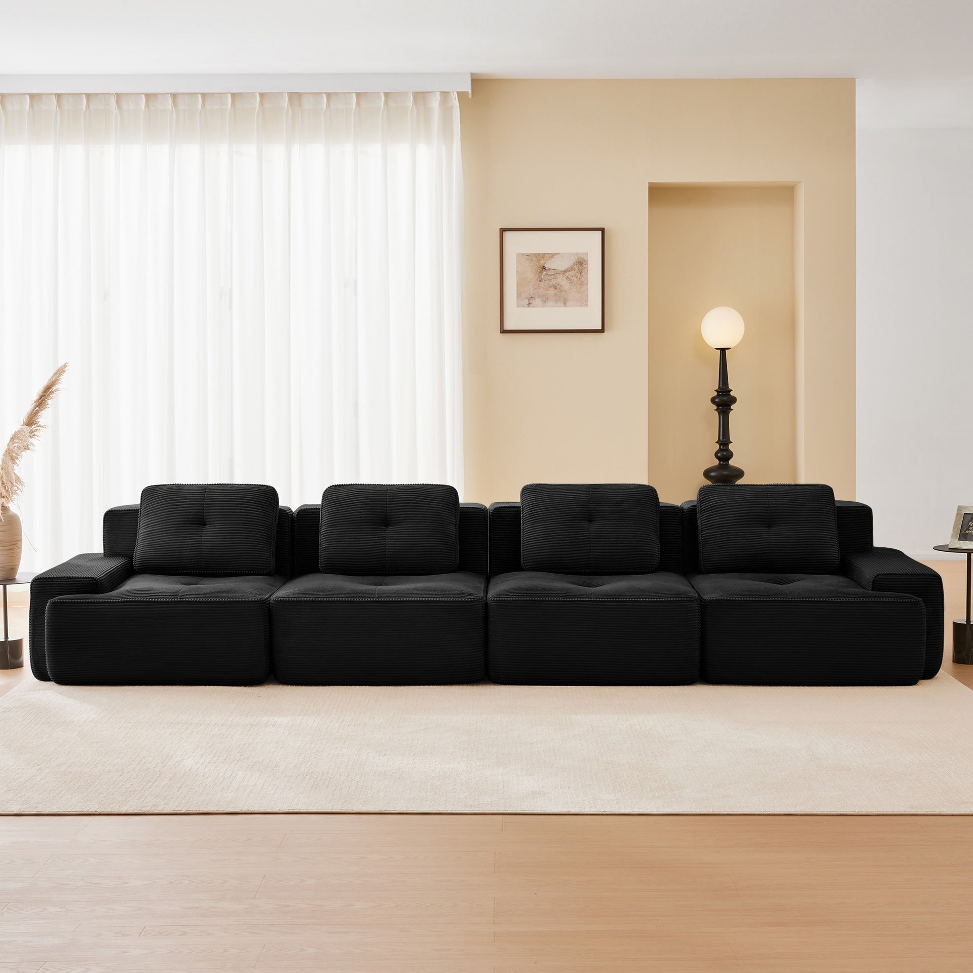 153" Modern Modular Sectional Sofa for Living Room, Corduroy Fabric,4-Seater Couch with Deep Seat, Pearl-like piping, Tufted Design, Buckle connection, No Assembly, Anti-slip Design, Black