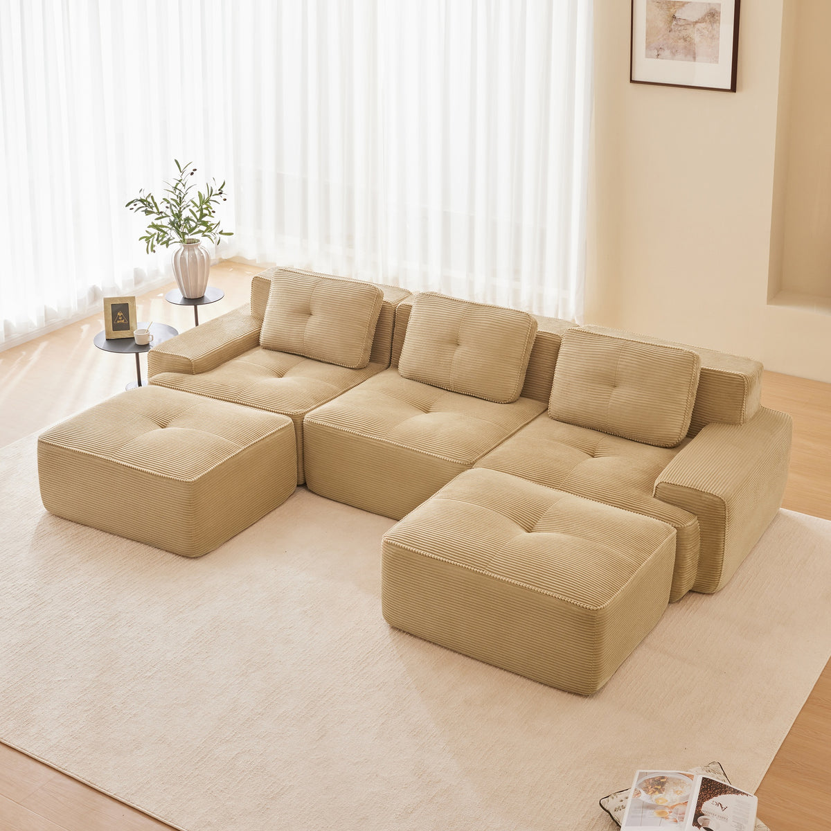 117" Modern U-Shaped Modular Sectional Sofa for Living Room, Corduroy Fabric, 3-Seater Couch with Deep Seat and Movable Ottoman,Pearl-like piping, Tufted Design,No Assembly, Anti-slip Design,Camel