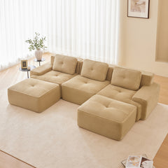 117" Modern U-Shaped Modular Sectional Sofa for Living Room, Corduroy Fabric, 3-Seater Couch with Deep Seat and Movable Ottoman,Pearl-like piping, Tufted Design,No Assembly, Anti-slip Design,Camel