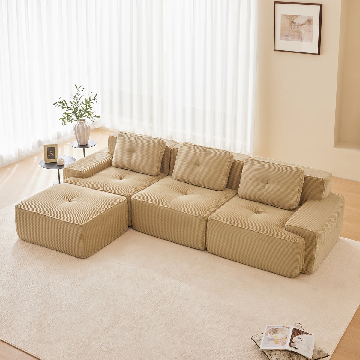 117" Modern L-Shaped Modular Sectional Sofa for Living Room, Corduroy Fabric,3-Seater Couch with Deep Seat and Movable Ottoman,Pearl-like piping, Tufted Design,No Assembly, Anti-slip Design, Camel