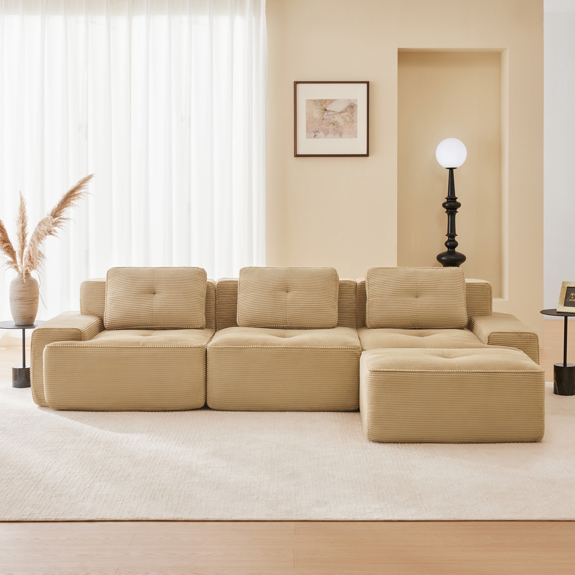 117" Modern L-Shaped Modular Sectional Sofa for Living Room, Corduroy Fabric,3-Seater Couch with Deep Seat and Movable Ottoman,Pearl-like piping, Tufted Design,No Assembly, Anti-slip Design, Camel