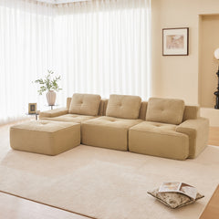 117" Modern L-Shaped Modular Sectional Sofa for Living Room, Corduroy Fabric,3-Seater Couch with Deep Seat and Movable Ottoman,Pearl-like piping, Tufted Design,No Assembly, Anti-slip Design, Camel