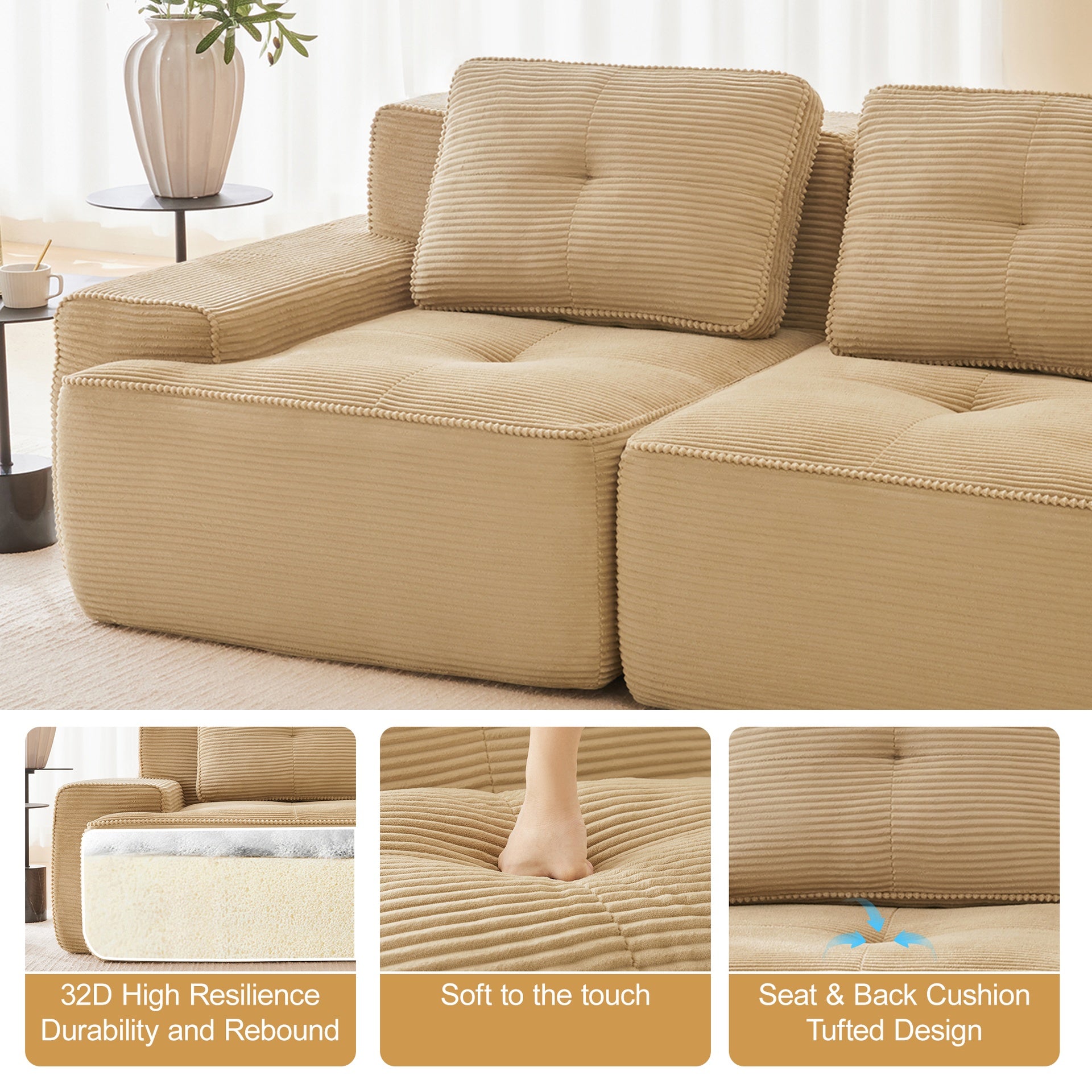 117" Modern Modular Sectional Sofa for Living Room, Corduroy Fabric,Oversized 3-Seater Couch with Deep Seat, Pearl-like piping, Tufted Design,Buckle connection,No Assembly,Anti-slip Design,Camel