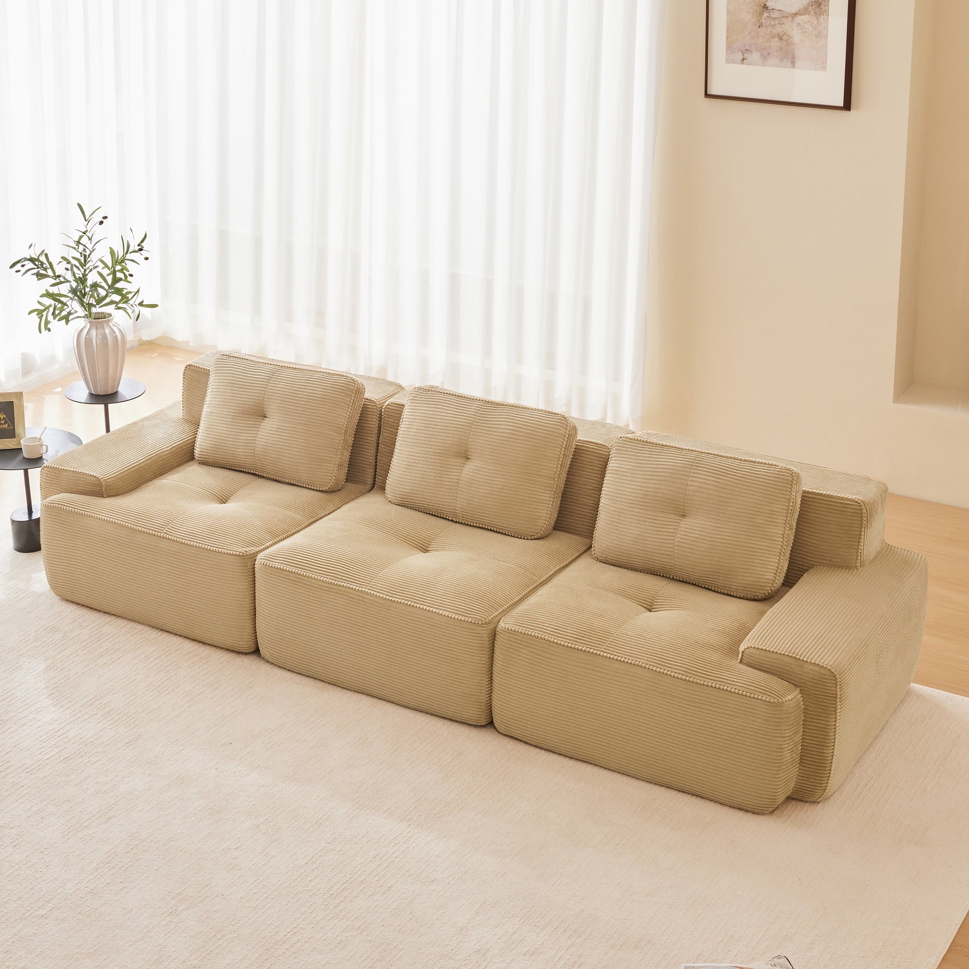 117" Modern Modular Sectional Sofa for Living Room, Corduroy Fabric,Oversized 3-Seater Couch with Deep Seat, Pearl-like piping, Tufted Design,Buckle connection,No Assembly,Anti-slip Design,Camel