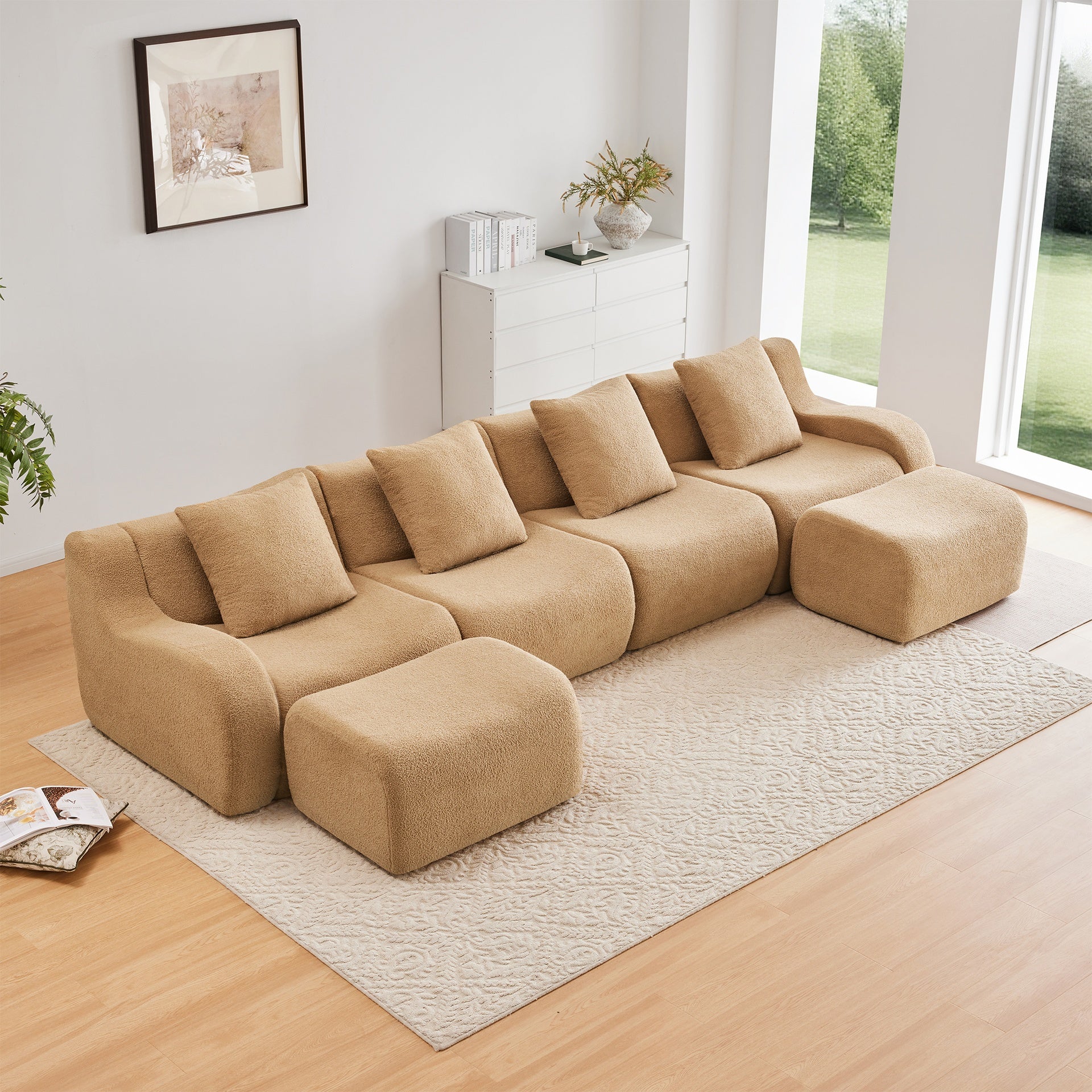 U-Shaped Boneless Sofa,Teddy Fabric No assembly required   Curved armrest,Anti-slip Design,Streamlined Design 32D High Density Sponge,Full Compression Vacuum Packag,For Studies living Rooms,Camel