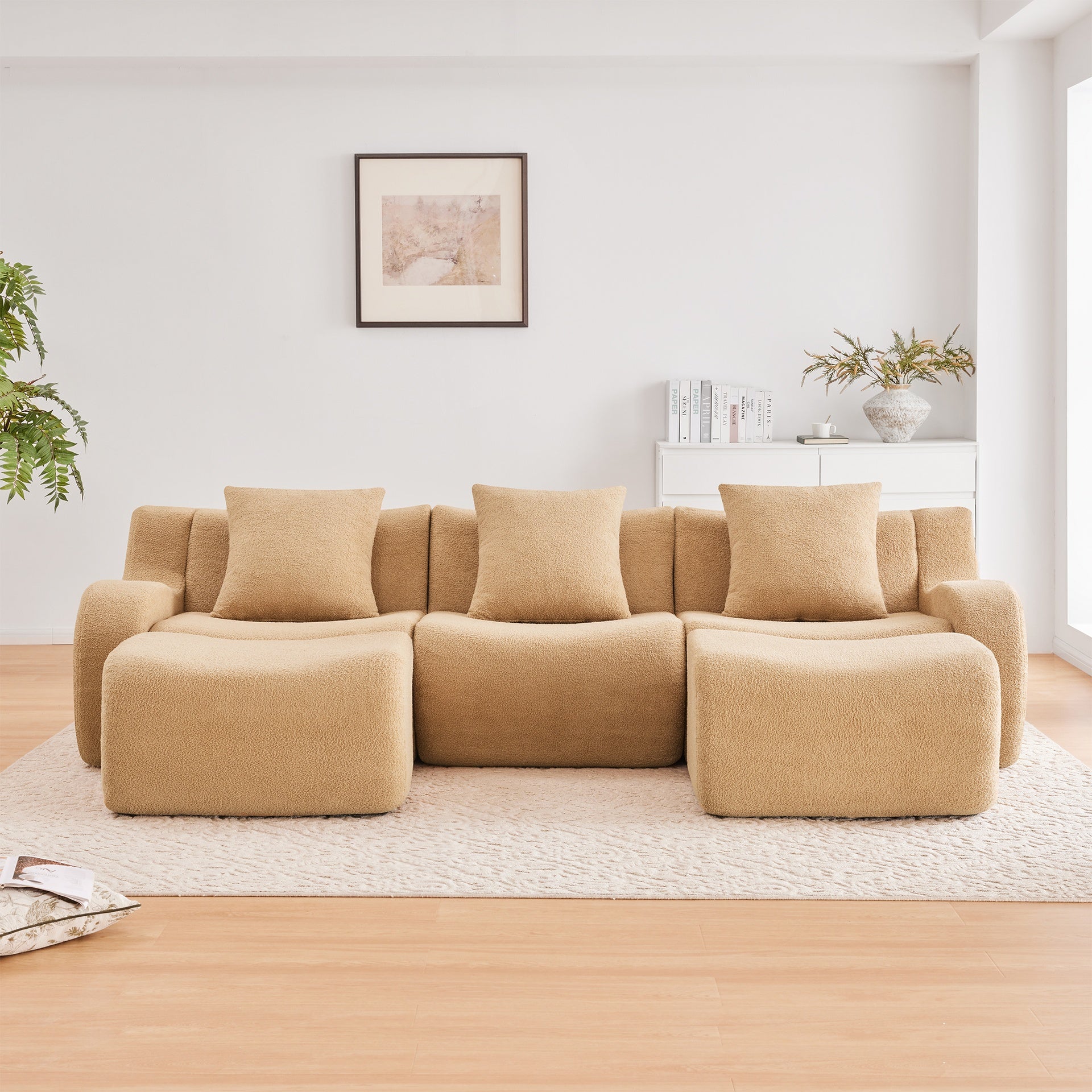 U-shaped Soft Teddy Fabric Boneless Sofa, Assembly Chaise,No Assembly Required Curved Armrest,Anti-Slip Design 32D High Density Sponge Streamlined Design,Fits Living Rooms Reading Nook,Camel
