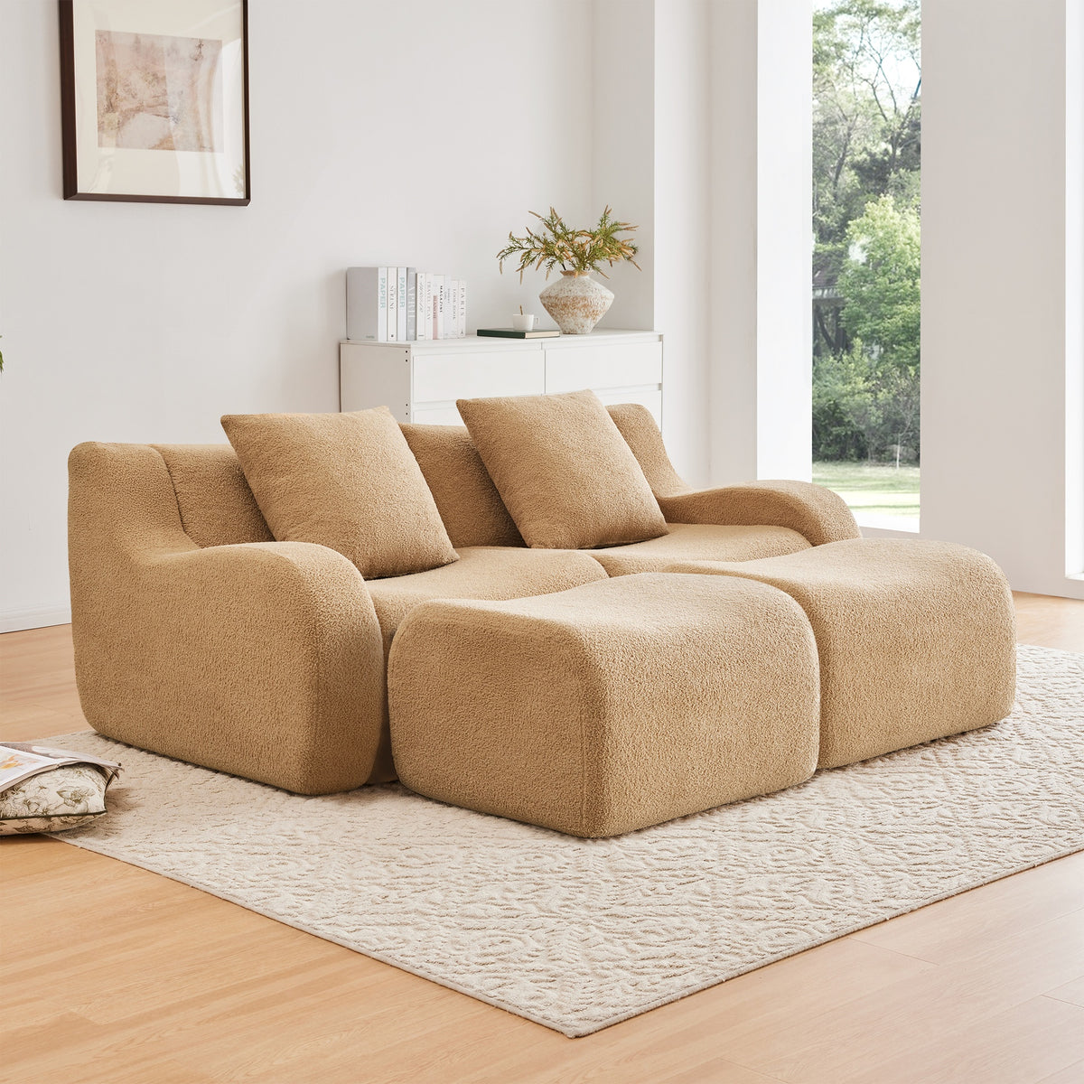 Soft Teddy Fabric Boneless Sofa,Anti-Slip Design,Assembly Chaise Lounge Curved Armrests Ergonomic Support 32D High Density Sponge,For Living Rooms Bedrooms,Camel