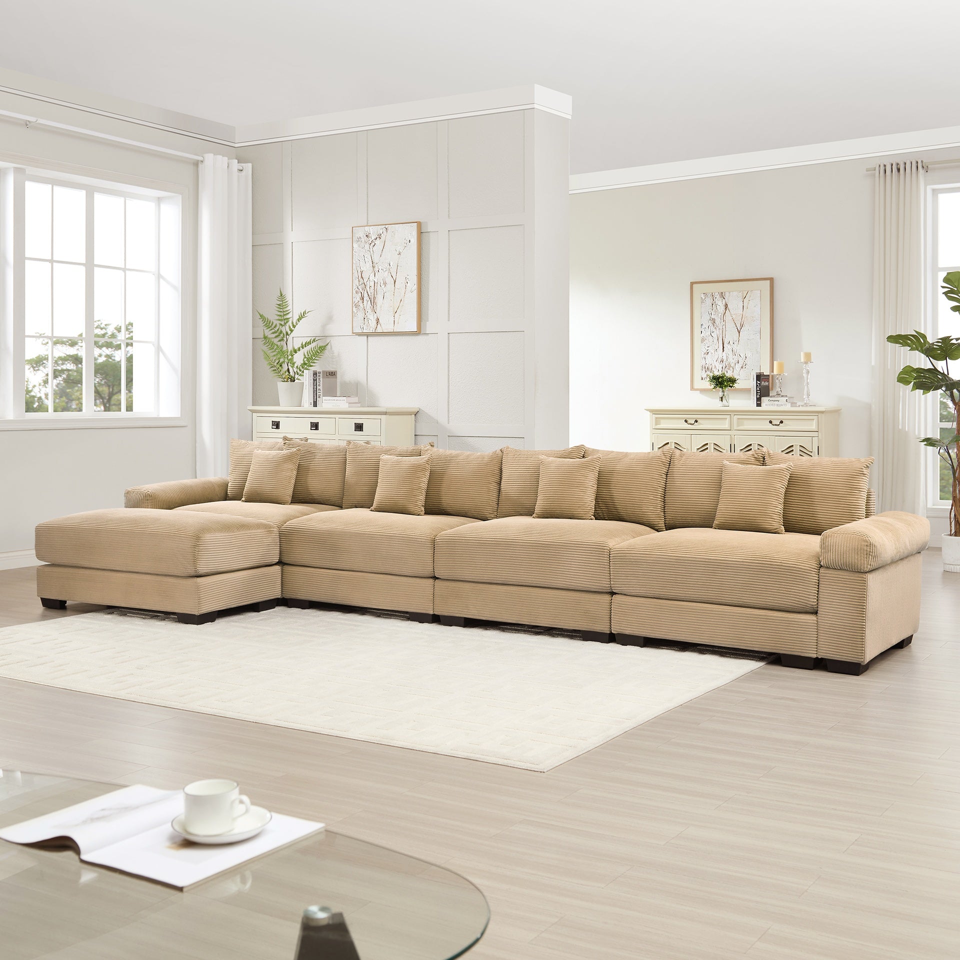 170" Oversized Cloud Modular L-Shape Sectional Couch,Soft Corduroy Fabric, with Ottoman Deep Seat Wide Armrests, Ergonomic Design,12 Throw Pillows, Easy Assembly,For Living Rooms Studies,Camel
