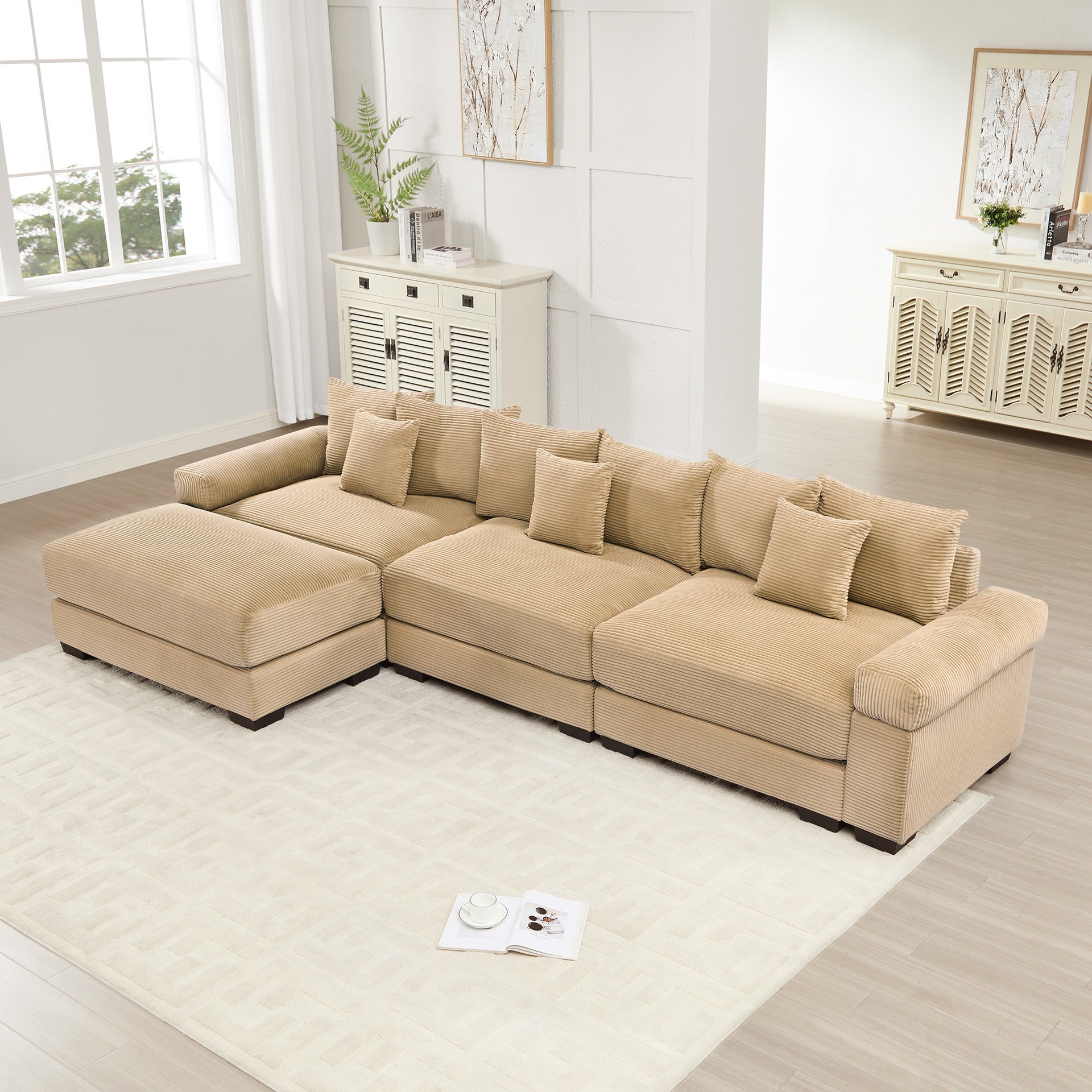 130" Oversized Cloud Modular L-Shape Sectional Couch, Soft Corduroy Fabric,with Ottoman Deep Seat Wide Armrest Ergonomic Design 9 Pillows Easy Assembly,For Living Rooms bedroom,Camel