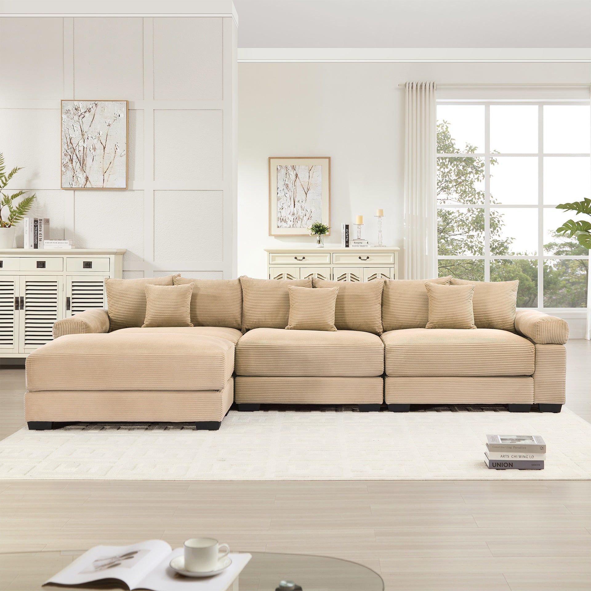 130" Oversized Cloud Modular L-Shape Sectional Couch, Soft Corduroy Fabric,with Ottoman Deep Seat Wide Armrest Ergonomic Design 9 Pillows Easy Assembly,For Living Rooms bedroom,Camel