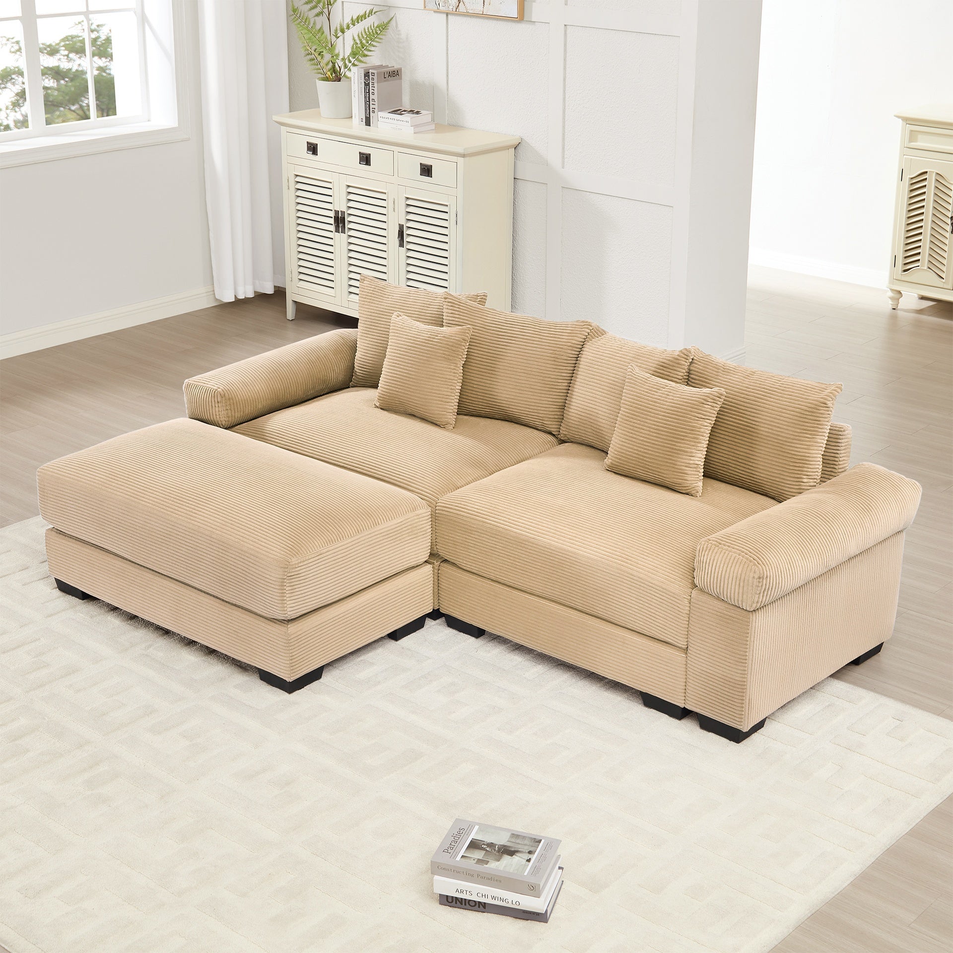 92"  Oversized Cloud Modular L-Shape Sectional Couch, Soft Corduroy Fabric, with Ottoman, Deep Seat Wide Armrests, Ergonomic Design, 6 Throw Pillows, Easy Assembly, for Living Rooms, Lounges,Camel