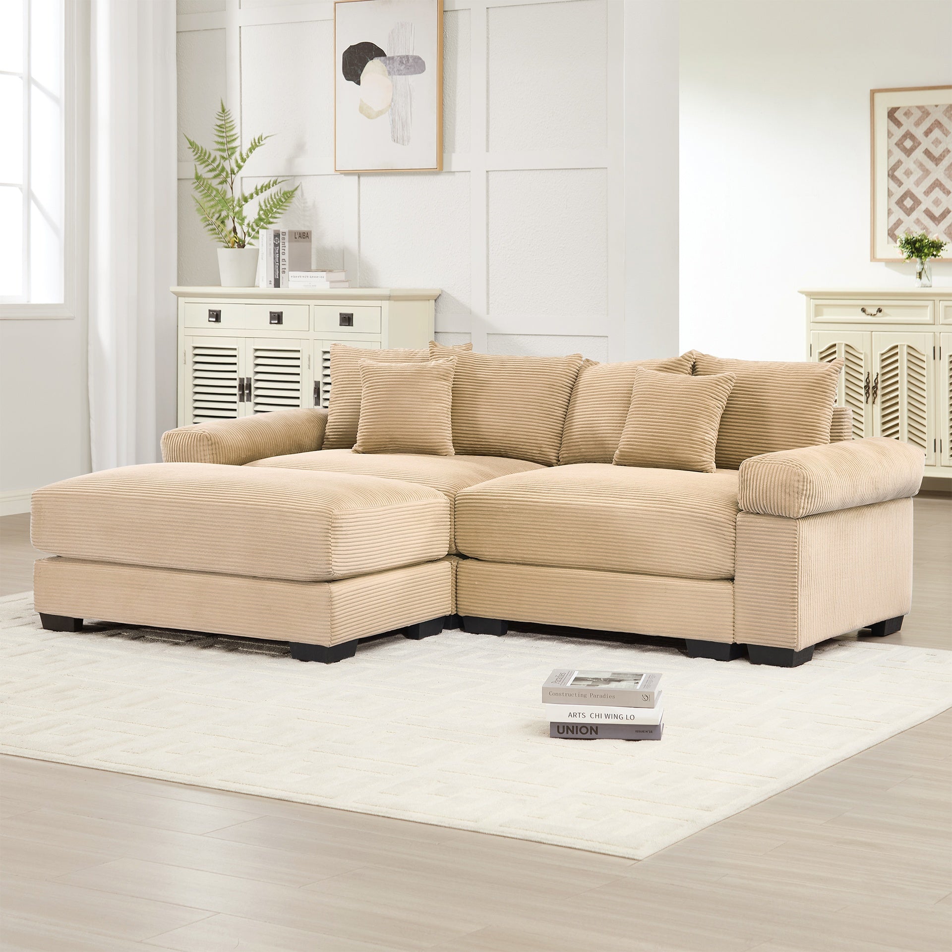 92"  Oversized Cloud Modular L-Shape Sectional Couch, Soft Corduroy Fabric, with Ottoman, Deep Seat Wide Armrests, Ergonomic Design, 6 Throw Pillows, Easy Assembly, for Living Rooms, Lounges,Camel