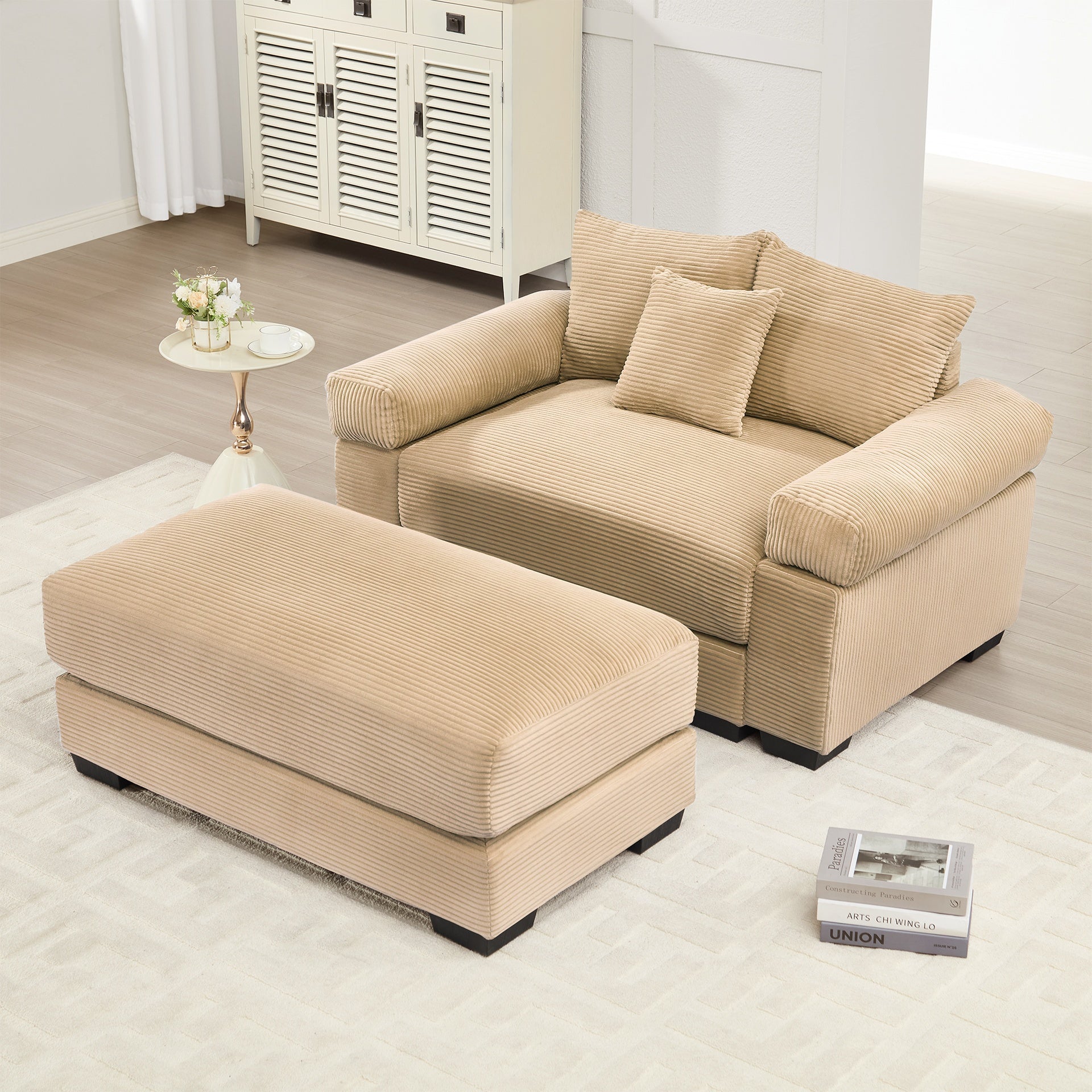 54.3" Oversized Cloud Modular Sectional Couch, Corduroy Fabric Extra-Thick Armrests, Throw Pillows Ottoman, Chaise Lounge Design Ergonomic Design, Easy Assembly Fits Living Rooms Bedrooms,Camel