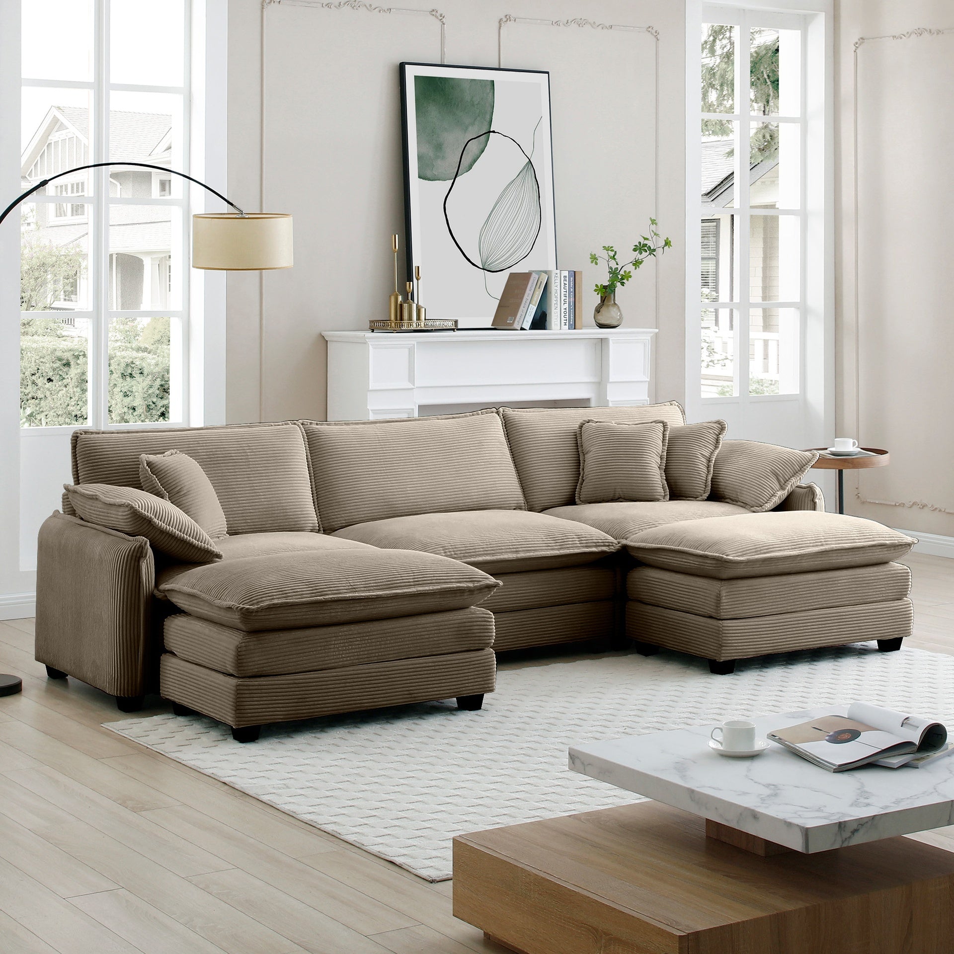 Oversized modular cushioned sofa with conversible ottoman, 3-seater sofa with 2 footstools, U shape sofa in Camel corduroy fabric