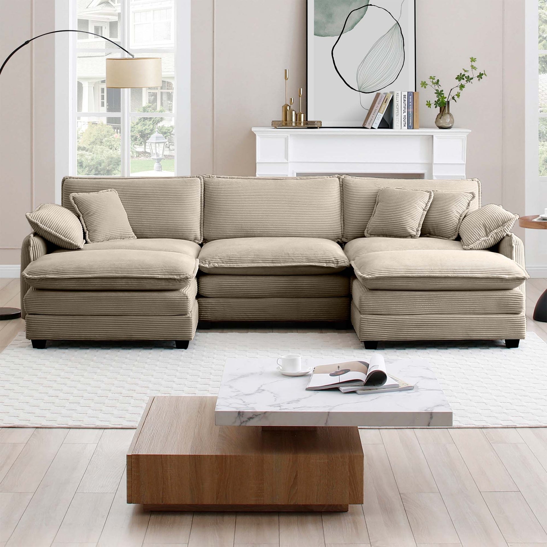 Oversized modular cushioned sofa with conversible ottoman, 3-seater sofa with 2 footstools, U shape sofa in Camel corduroy fabric