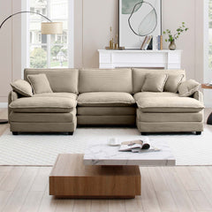Oversized modular cushioned sofa with conversible ottoman, 3-seater sofa with 2 footstools, U shape sofa in Camel corduroy fabric