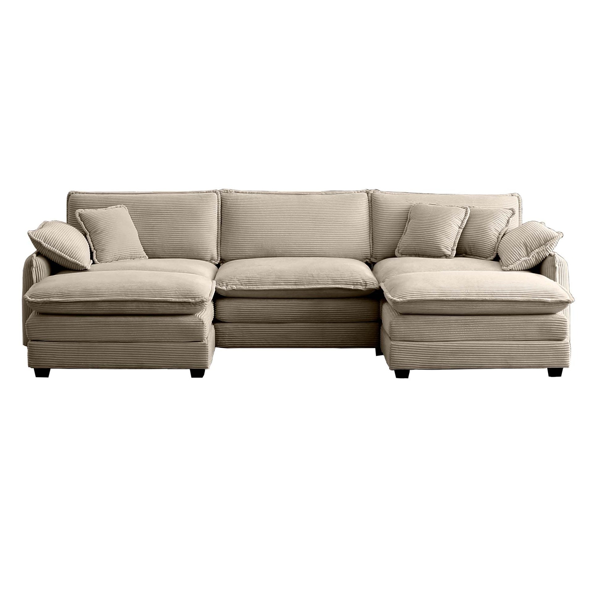 Oversized modular cushioned sofa with conversible ottoman, 3-seater sofa with 2 footstools, U shape sofa in Camel corduroy fabric