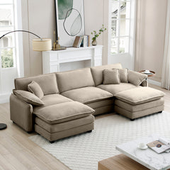 Oversized modular cushioned sofa with conversible ottoman, 3-seater sofa with 2 footstools, U shape sofa in Camel corduroy fabric