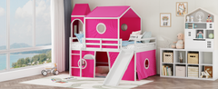 Full Size Loft  Bed with Slide Pink Tent and Tower - Pink