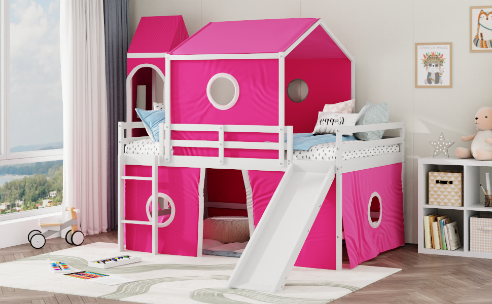 Full Size Loft  Bed with Slide Pink Tent and Tower - Pink